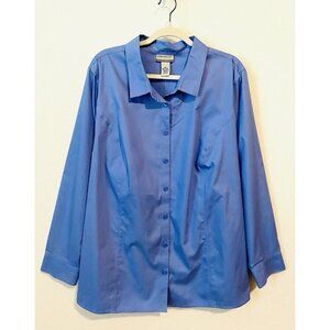 Catherines Top Womens 2X Blue Button Up 3/4 Sleeve Non Iron Cotton Work Career